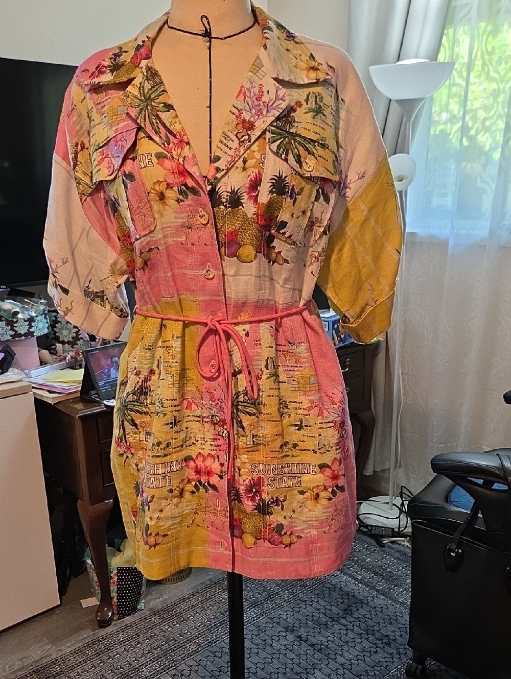 Zimmerman Linen Floral Tropical Print Shirt Dress in Pink and Yellow - Picture 2 of 6